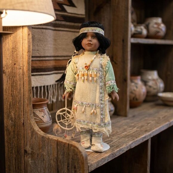 None Other - Native American-Inspired Porcelain Doll W/ Beaded Accessories Dreamcatcher & Bra